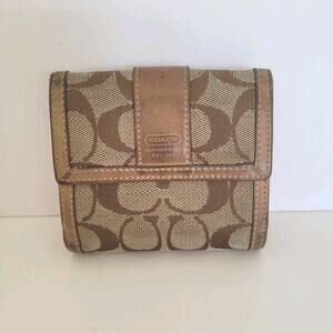 Coach Wallet Canvas Leather Signature Bifold 4x4 Medium Beige Fair Compact Logo